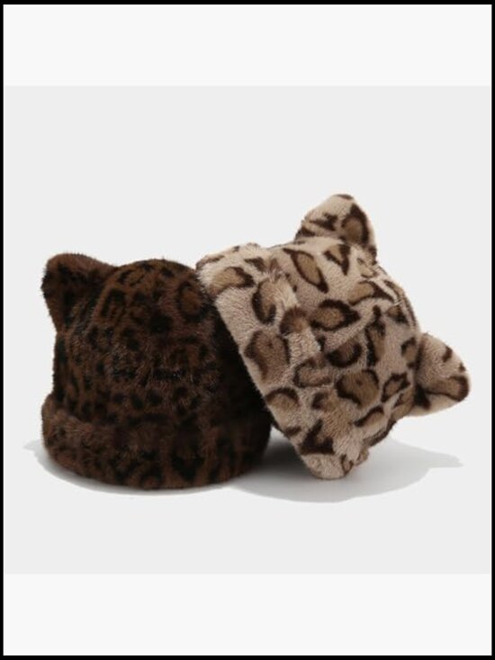Faux Fur Cat Ear Beanie Hat Leopard Print Fluffy Winter Warm main image 3